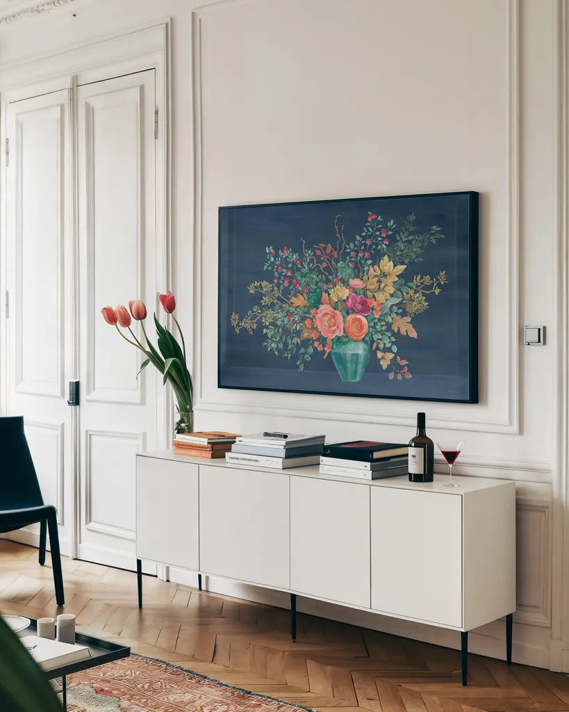 Floral Drama I by Beth Grove. shown as a framed stretched canvas in a living room above a console. Available as a archival giclee rolled canvas, fine art paper, or poster print. SKU 80326i.