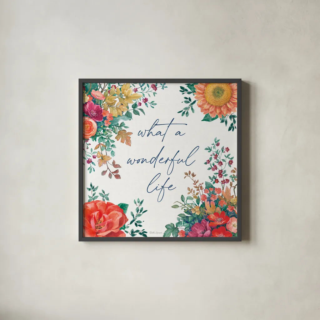 Floral Drama IV by Beth Grove. Shown in a sleek black glass frame for a contemporary gallery look. Available as an archival giclee rolled canvas, fine art paper, or poster print. SKU 80329a.