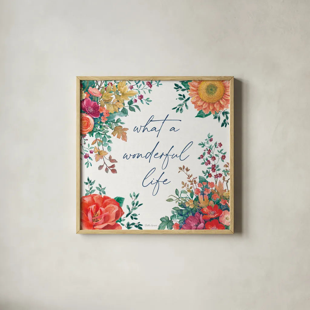 Floral Drama IV by Beth Grove. Shown in a natural wood glass frame for a timeless modern aesthetic. Available as an archival giclee rolled canvas, fine art paper, or poster print. SKU 80329a.