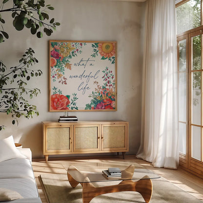 Floral Drama IV by Beth Grove. Shown in a natural wood frame in a cozy modern living room. Available as an archival giclee rolled canvas, fine art paper, or poster print. SKU 80329a.