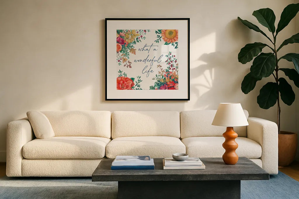 Floral Drama IV by Beth Grove. Displayed in a glass frame with matte in a clean modern living room. Available as an archival giclee rolled canvas, fine art paper, or poster print. SKU 80329a.
