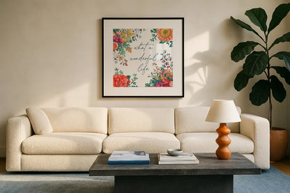 Floral Drama IV by Beth Grove. Displayed in a glass frame with matte in a clean modern living room. Available as an archival giclee rolled canvas, fine art paper, or poster print. SKU 80329a.