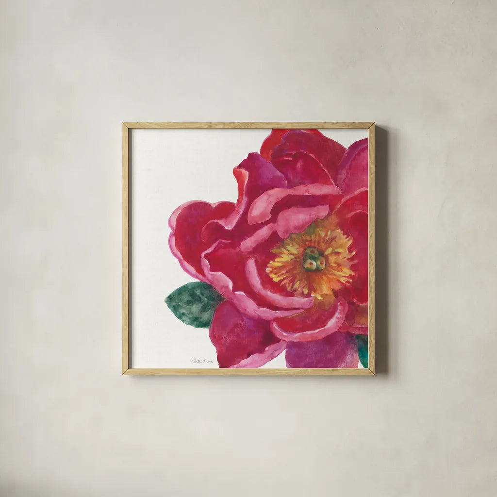 Floral Drama IX by Beth Grove. Shown in a natural wood glass frame for a timeless modern aesthetic. Available as an archival giclee rolled canvas, fine art paper, or poster print. SKU 80334a.