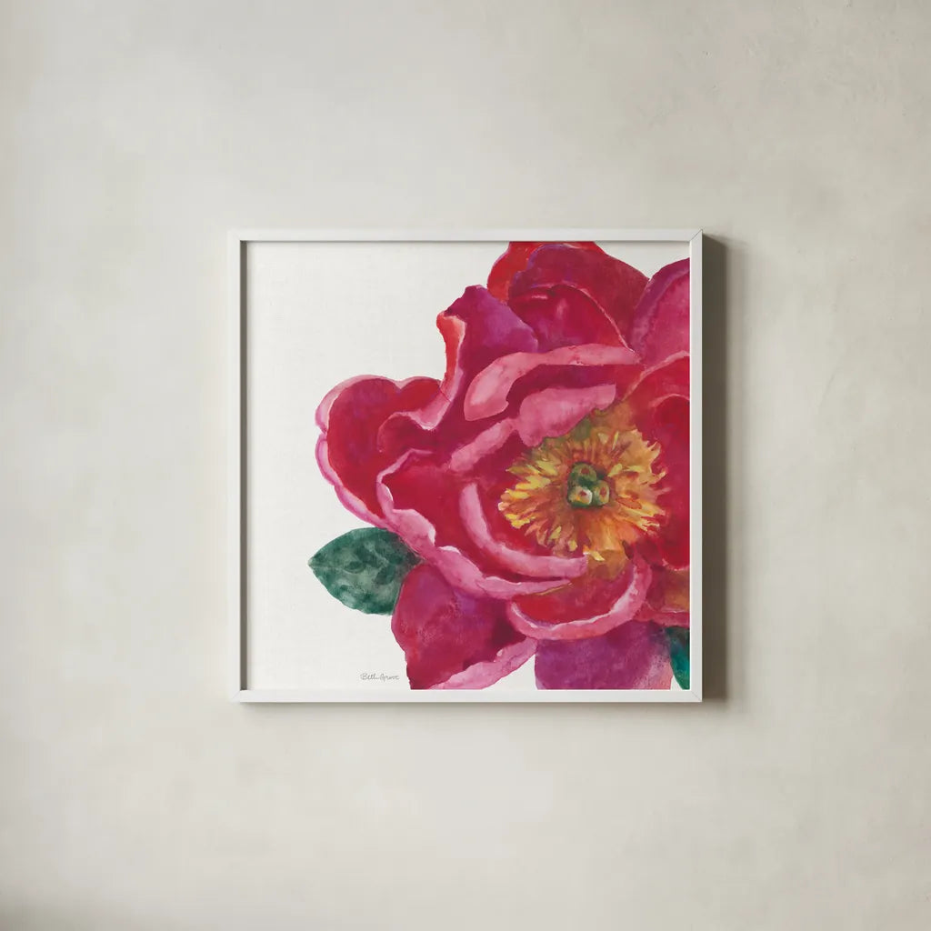 Floral Drama IX by Beth Grove. Shown in a crisp white glass frame for a clean and minimalist style. Available as an archival giclee rolled canvas, fine art paper, or poster print. SKU 80334a.