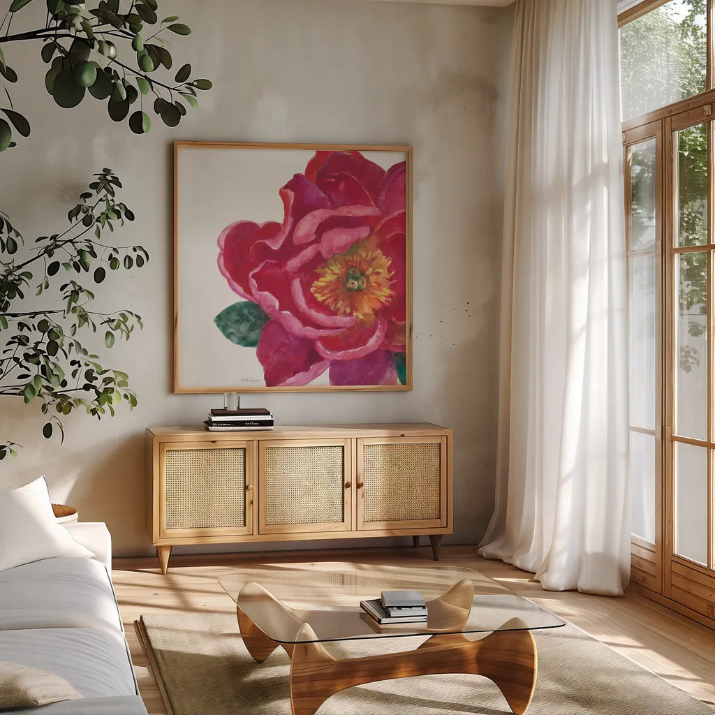 Floral Drama IX by Beth Grove. Shown in a natural wood frame in a cozy modern living room. Available as an archival giclee rolled canvas, fine art paper, or poster print. SKU 80334a.