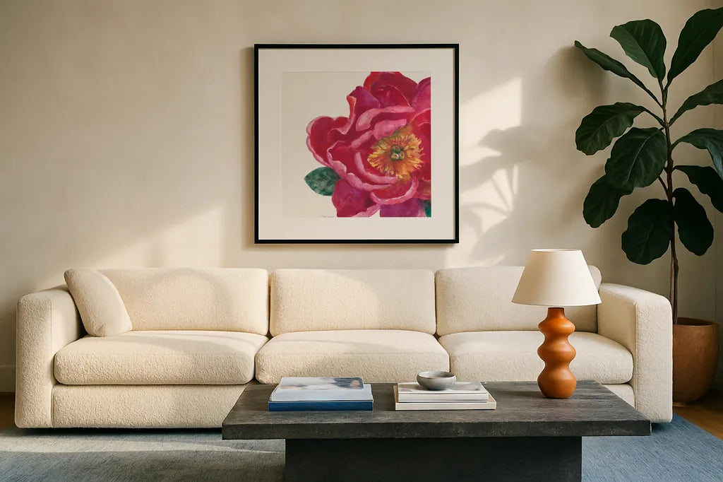 Floral Drama IX by Beth Grove. Displayed in a glass frame with matte in a clean modern living room. Available as an archival giclee rolled canvas, fine art paper, or poster print. SKU 80334a.