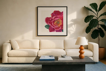 Floral Drama IX by Beth Grove. Displayed in a glass frame with matte in a clean modern living room. Available as an archival giclee rolled canvas, fine art paper, or poster print. SKU 80334a.