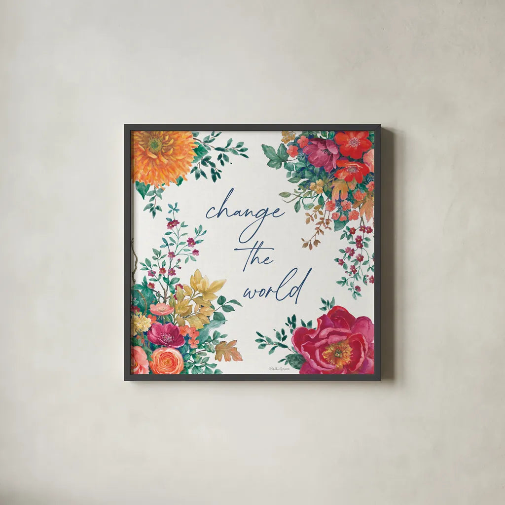 Floral Drama V by Beth Grove. Shown in a sleek black glass frame for a contemporary gallery look. Available as an archival giclee rolled canvas, fine art paper, or poster print. SKU 80330a.