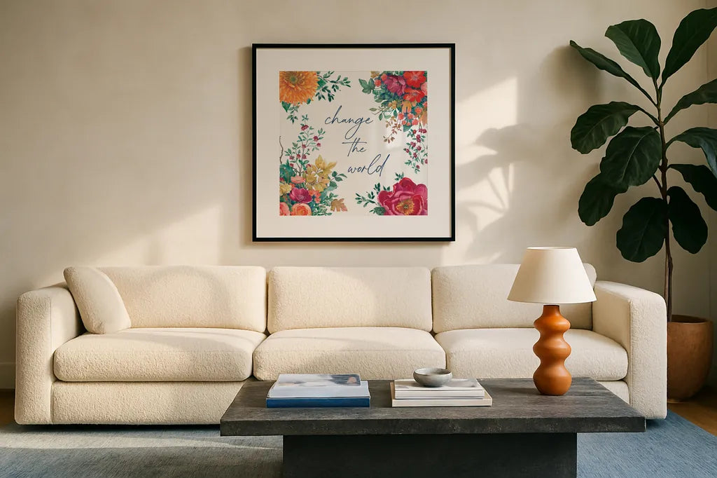 Floral Drama V by Beth Grove. Displayed in a glass frame with matte in a clean modern living room. Available as an archival giclee rolled canvas, fine art paper, or poster print. SKU 80330a.