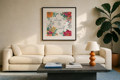Floral Drama V by Beth Grove. Displayed in a glass frame with matte in a clean modern living room. Available as an archival giclee rolled canvas, fine art paper, or poster print. SKU 80330a.