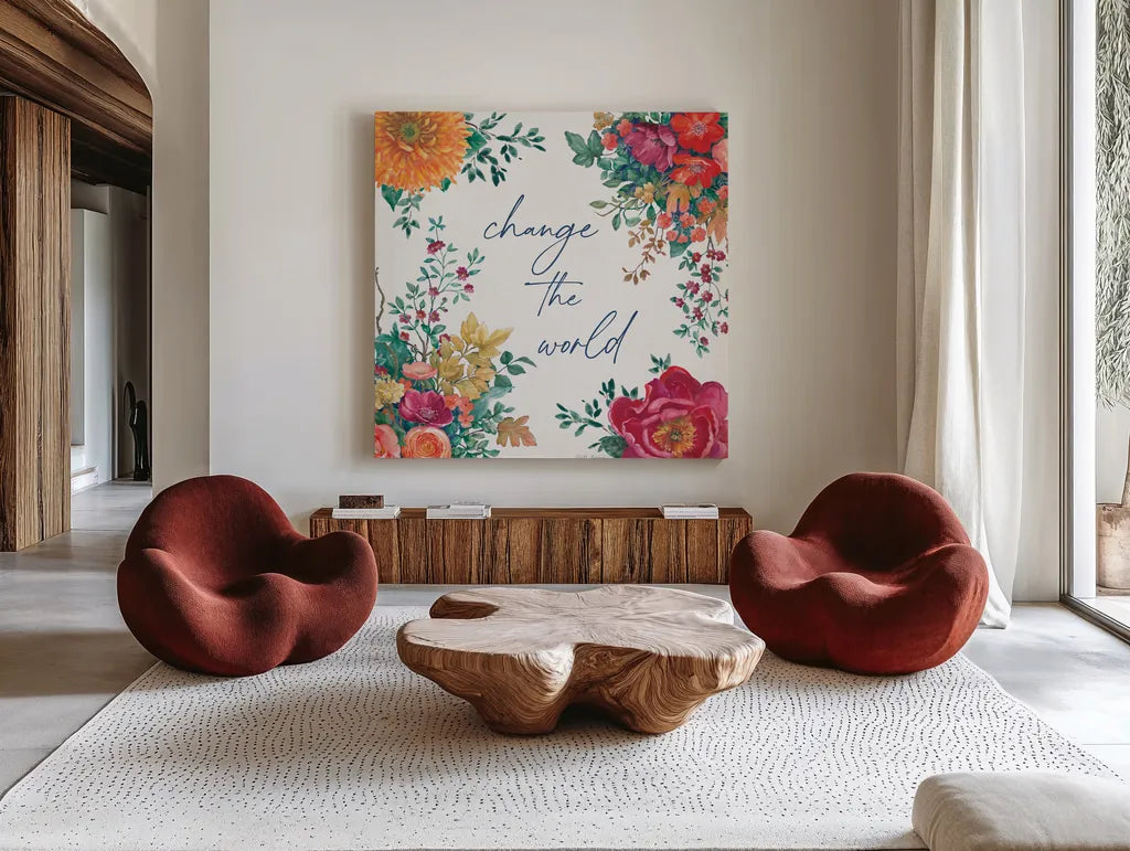 Floral Drama V by Beth Grove. Shown as extra-large giant wall art in a modern living room. Available as an archival giclee rolled canvas, fine art paper, or poster print. SKU 80330a.