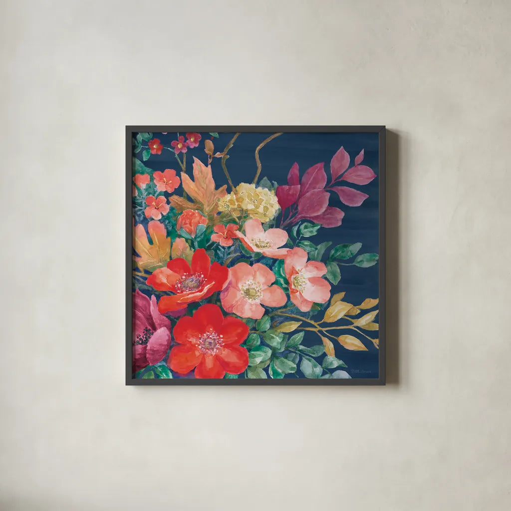 Floral Drama VI by Beth Grove. Shown in a sleek black glass frame for a contemporary gallery look. Available as an archival giclee rolled canvas, fine art paper, or poster print. SKU 80331a.