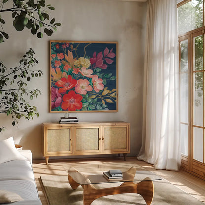 Floral Drama VI by Beth Grove. Shown in a natural wood frame in a cozy modern living room. Available as an archival giclee rolled canvas, fine art paper, or poster print. SKU 80331a.
