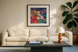 Floral Drama VI by Beth Grove. Displayed in a glass frame with matte in a clean modern living room. Available as an archival giclee rolled canvas, fine art paper, or poster print. SKU 80331a.