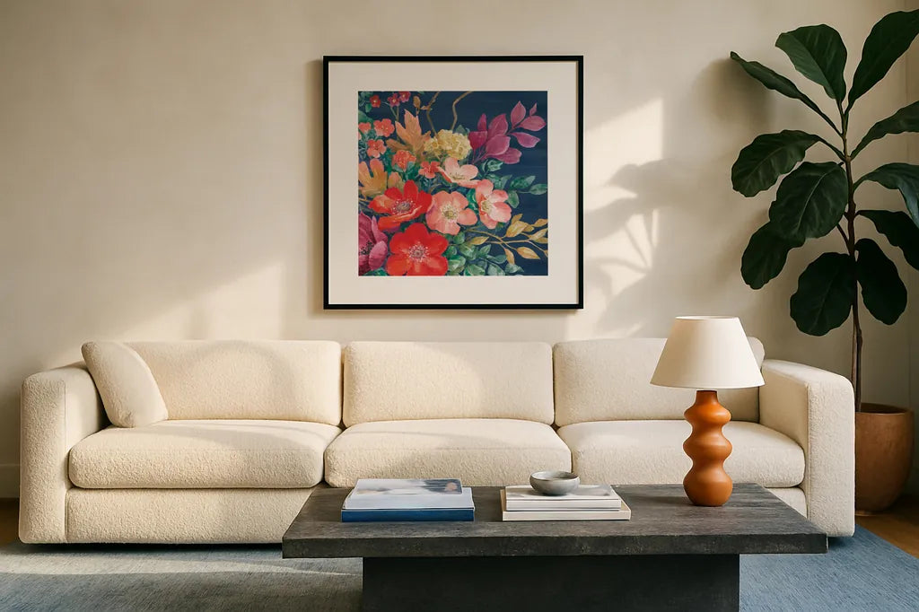 Floral Drama VI by Beth Grove. Displayed in a glass frame with matte in a clean modern living room. Available as an archival giclee rolled canvas, fine art paper, or poster print. SKU 80331a.
