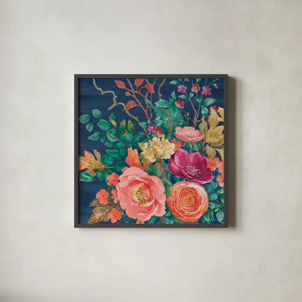 Floral Drama VII by Beth Grove. Shown in a sleek black glass frame for a contemporary gallery look. Available as an archival giclee rolled canvas, fine art paper, or poster print. SKU 80332a.