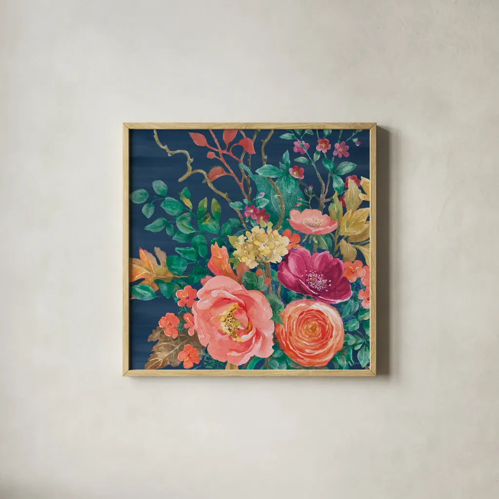 Floral Drama VII by Beth Grove. Shown in a natural wood glass frame for a timeless modern aesthetic. Available as an archival giclee rolled canvas, fine art paper, or poster print. SKU 80332a.