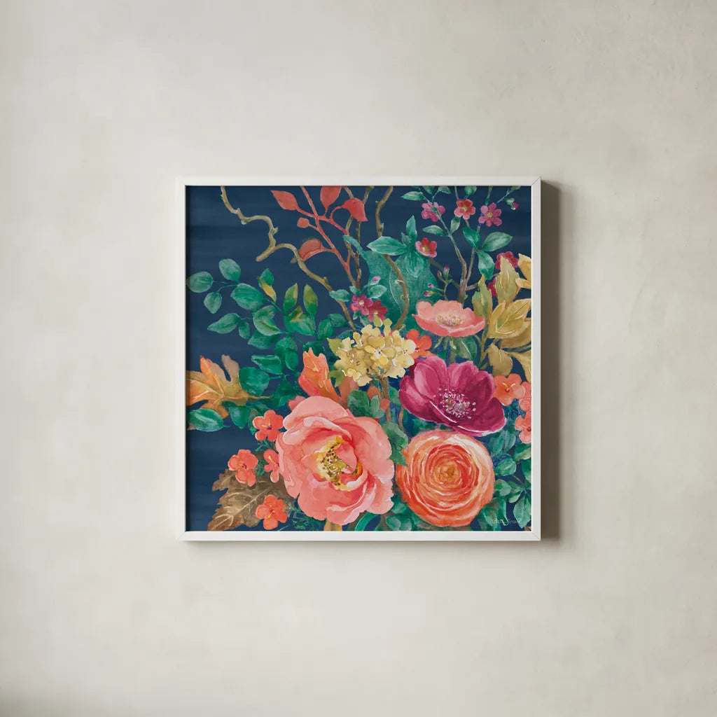 Floral Drama VII by Beth Grove. Shown in a crisp white glass frame for a clean and minimalist style. Available as an archival giclee rolled canvas, fine art paper, or poster print. SKU 80332a.