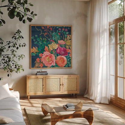 Floral Drama VII by Beth Grove. Shown in a natural wood frame in a cozy modern living room. Available as an archival giclee rolled canvas, fine art paper, or poster print. SKU 80332a.