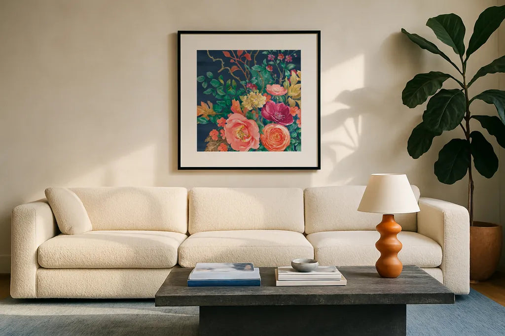 Floral Drama VII by Beth Grove. Displayed in a glass frame with matte in a clean modern living room. Available as an archival giclee rolled canvas, fine art paper, or poster print. SKU 80332a.