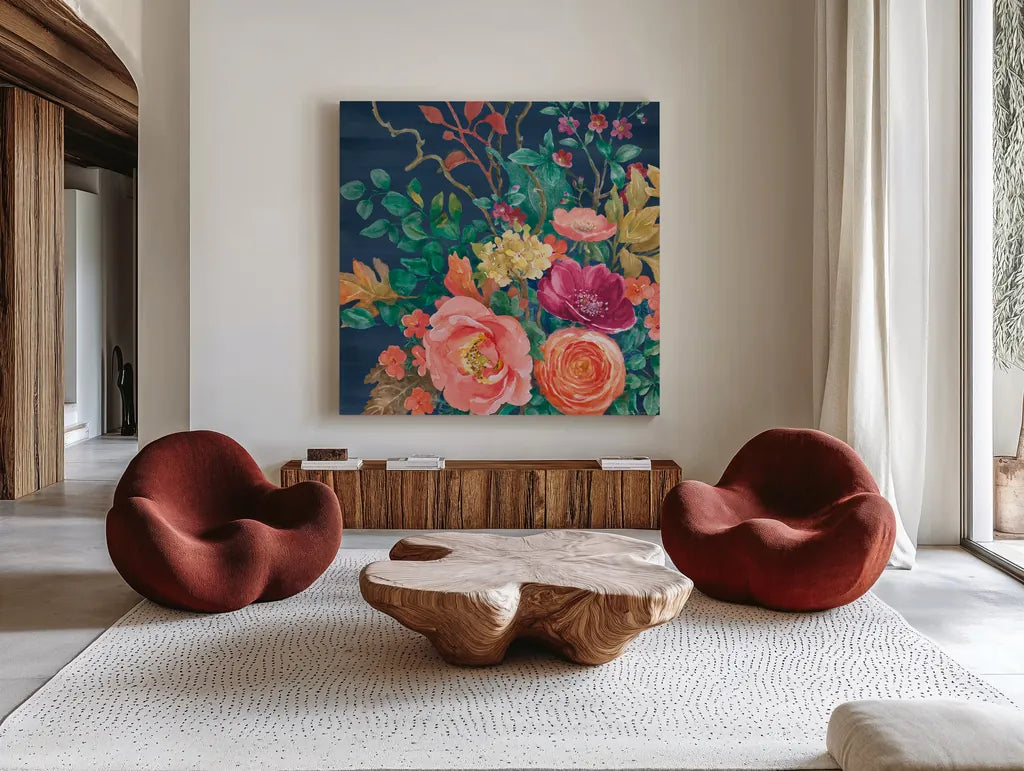 Floral Drama VII by Beth Grove. Shown as extra-large giant wall art in a modern living room. Available as an archival giclee rolled canvas, fine art paper, or poster print. SKU 80332a.