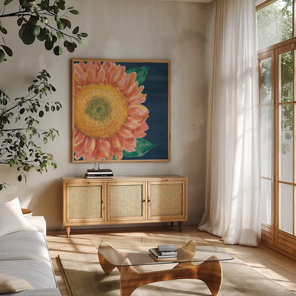 Floral Drama VIII by Beth Grove. Shown in a natural wood frame in a cozy modern living room. Available as an archival giclee rolled canvas, fine art paper, or poster print. SKU 80333a.