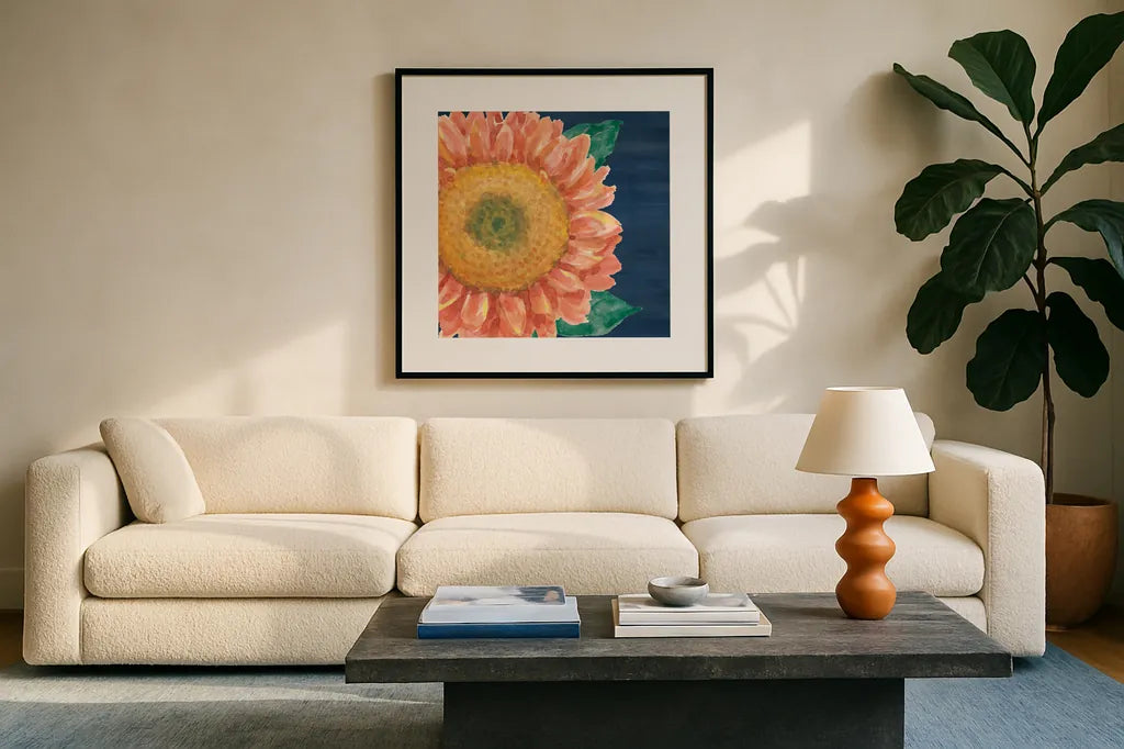 Floral Drama VIII by Beth Grove. Displayed in a glass frame with matte in a clean modern living room. Available as an archival giclee rolled canvas, fine art paper, or poster print. SKU 80333a.