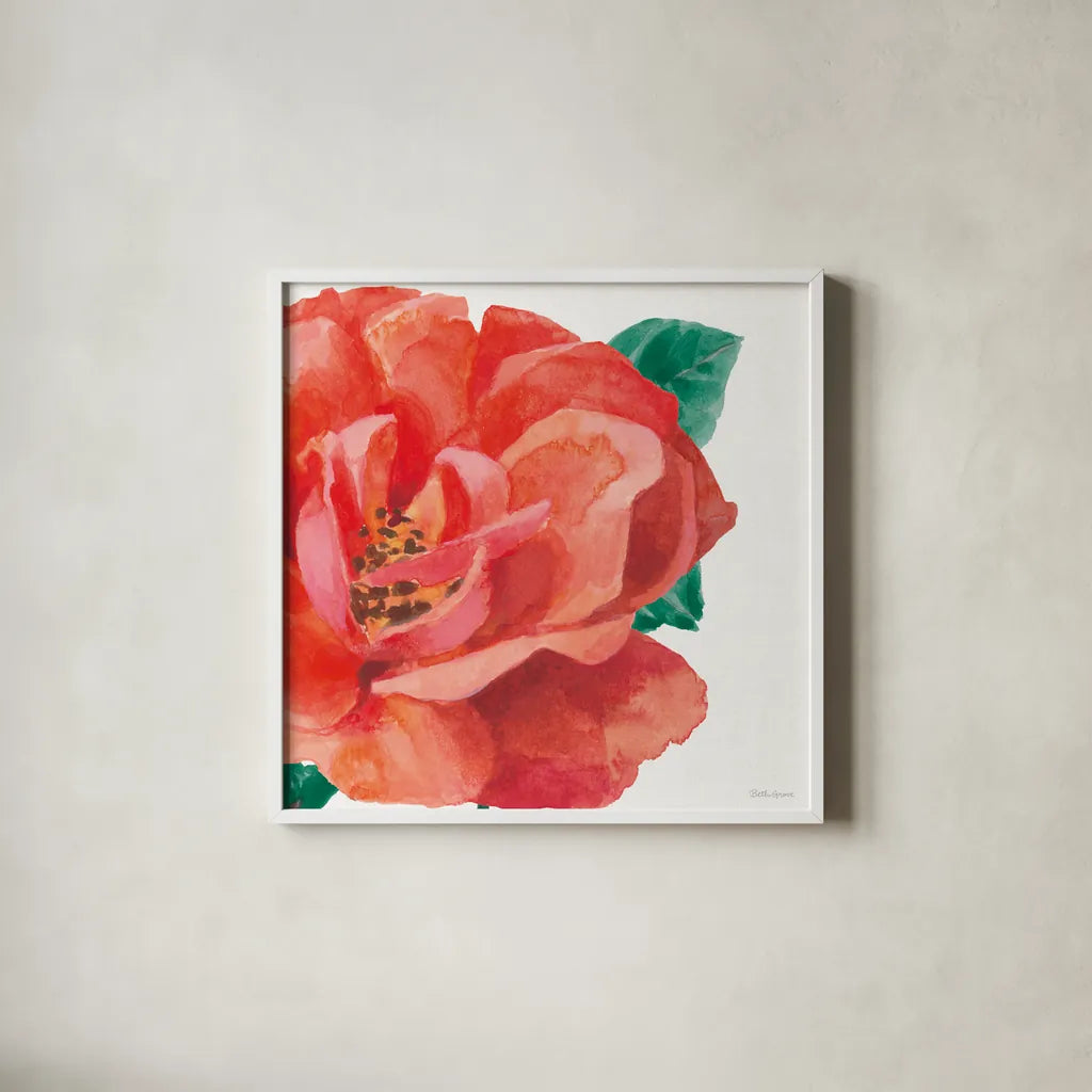Floral Drama X by Beth Grove. Shown in a crisp white glass frame for a clean and minimalist style. Available as an archival giclee rolled canvas, fine art paper, or poster print. SKU 80335a.