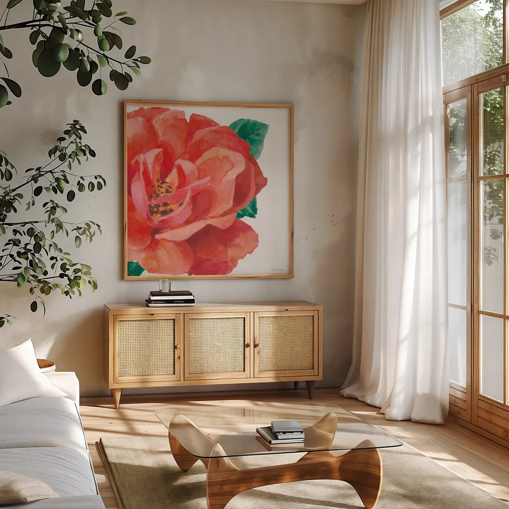Floral Drama X by Beth Grove. Shown in a natural wood frame in a cozy modern living room. Available as an archival giclee rolled canvas, fine art paper, or poster print. SKU 80335a.