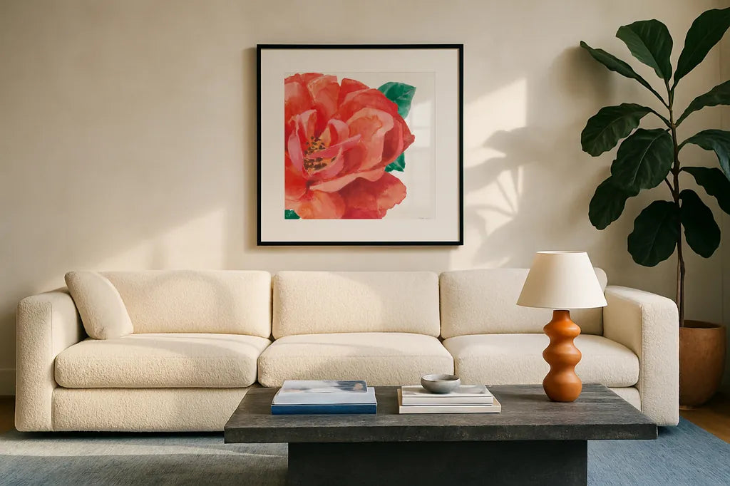 Floral Drama X by Beth Grove. Displayed in a glass frame with matte in a clean modern living room. Available as an archival giclee rolled canvas, fine art paper, or poster print. SKU 80335a.