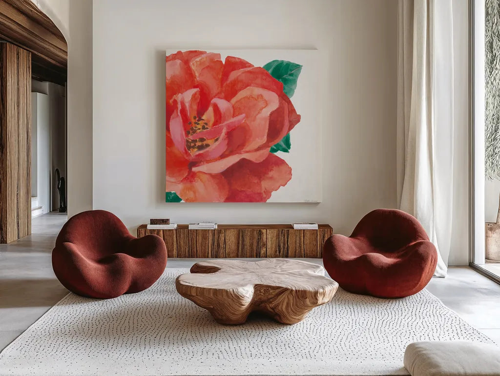 Floral Drama X by Beth Grove. Shown as extra-large giant wall art in a modern living room. Available as an archival giclee rolled canvas, fine art paper, or poster print. SKU 80335a.