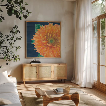 Floral Drama XI by Beth Grove. Shown in a natural wood frame in a cozy modern living room. Available as an archival giclee rolled canvas, fine art paper, or poster print. SKU 80336a.