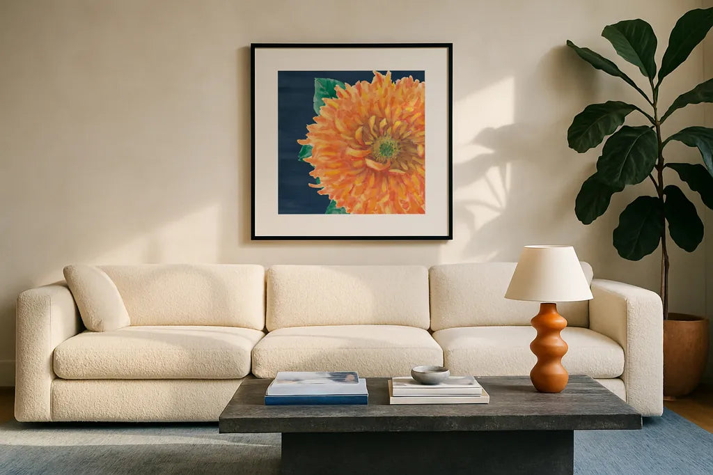 Floral Drama XI by Beth Grove. Displayed in a glass frame with matte in a clean modern living room. Available as an archival giclee rolled canvas, fine art paper, or poster print. SKU 80336a.