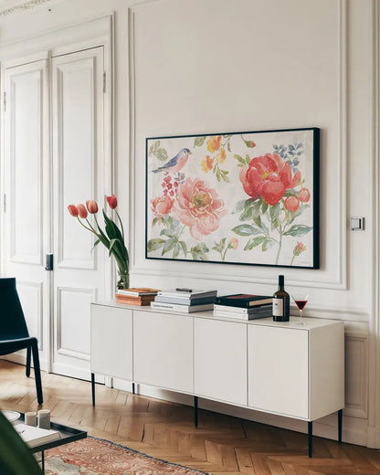 Floral Focus I by Beth Grove. shown as a framed stretched canvas in a living room above a console. Available as a archival giclee rolled canvas, fine art paper, or poster print. SKU 62322i.