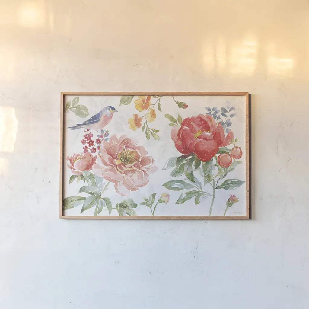 Floral Focus I by Beth Grove. shown as a paper print in a natural frame. Available as a archival giclee rolled canvas, fine art paper, or poster print. SKU 62322i.