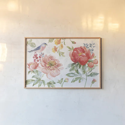 Floral Focus I by Beth Grove. shown as a paper print in a natural frame. Available as a archival giclee rolled canvas, fine art paper, or poster print. SKU 62322i.