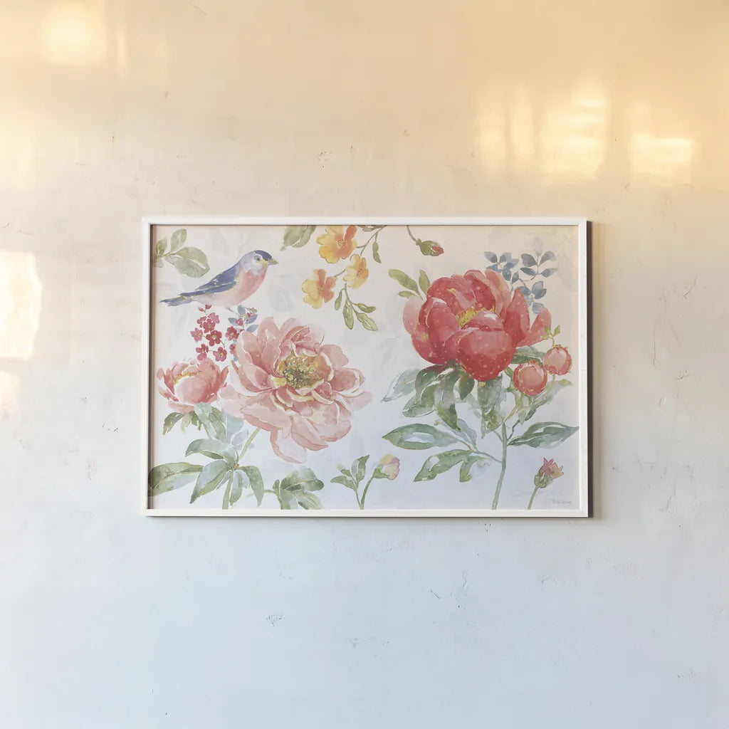 Floral Focus I by Beth Grove. shown as a paper print in a white frame. Available as a archival giclee rolled canvas, fine art paper, or poster print. SKU 62322i.