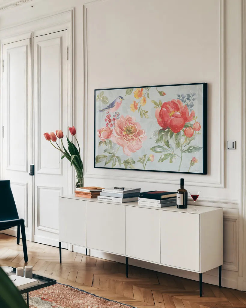 Floral Focus I Blue by Beth Grove. shown as a framed stretched canvas in a living room above a console. Available as a archival giclee rolled canvas, fine art paper, or poster print. SKU 62331i.