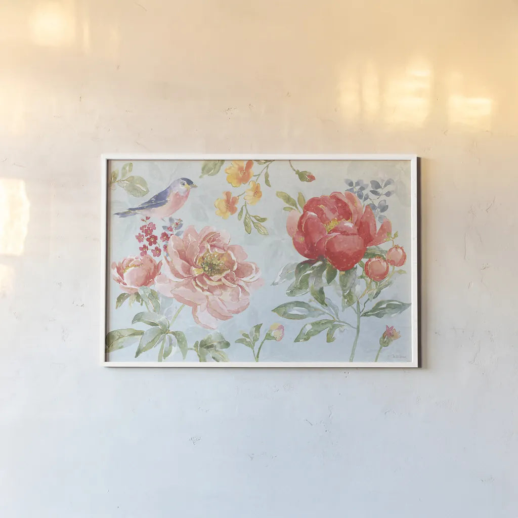 Floral Focus I Blue by Beth Grove. shown as a paper print in a white frame. Available as a archival giclee rolled canvas, fine art paper, or poster print. SKU 62331i.