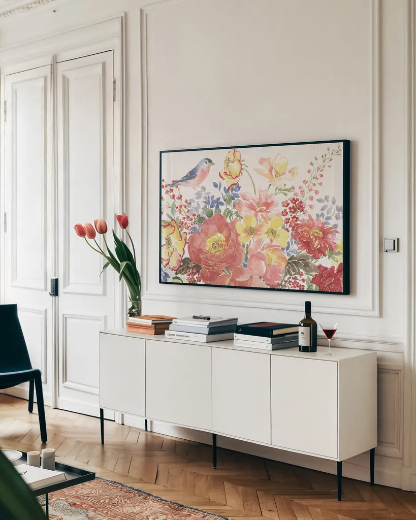 Floral Focus II by Beth Grove. shown as a framed stretched canvas in a living room above a console. Available as a archival giclee rolled canvas, fine art paper, or poster print. SKU 62323i.