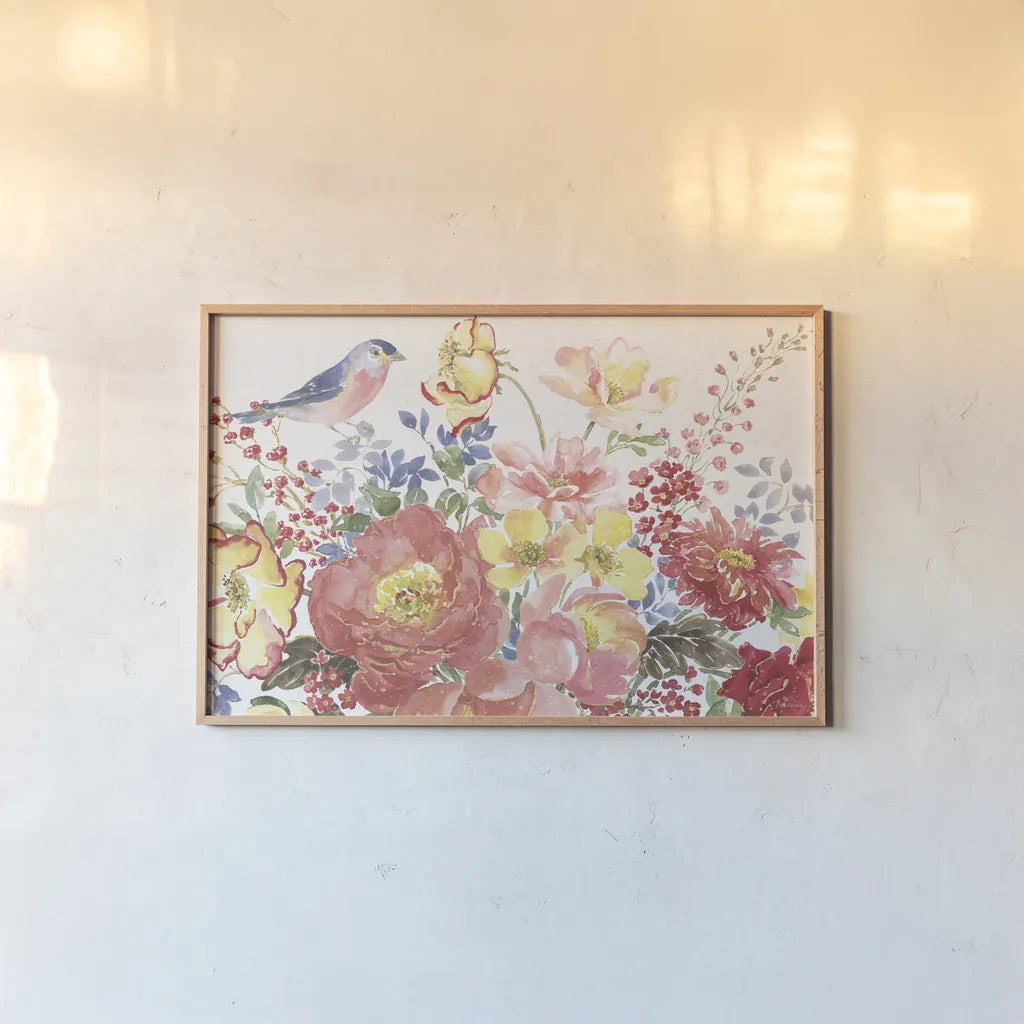 Floral Focus II by Beth Grove. shown as a paper print in a natural frame. Available as a archival giclee rolled canvas, fine art paper, or poster print. SKU 62323i.