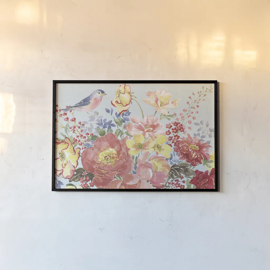 Floral Focus II Blue by Beth Grove. shown as a paper print in a black flame. Available as a archival giclee rolled canvas, fine art paper, or poster print. SKU 62332i.