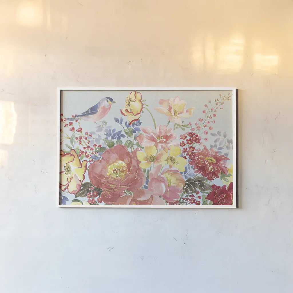 Floral Focus II Blue by Beth Grove. shown as a paper print in a white frame. Available as a archival giclee rolled canvas, fine art paper, or poster print. SKU 62332i.