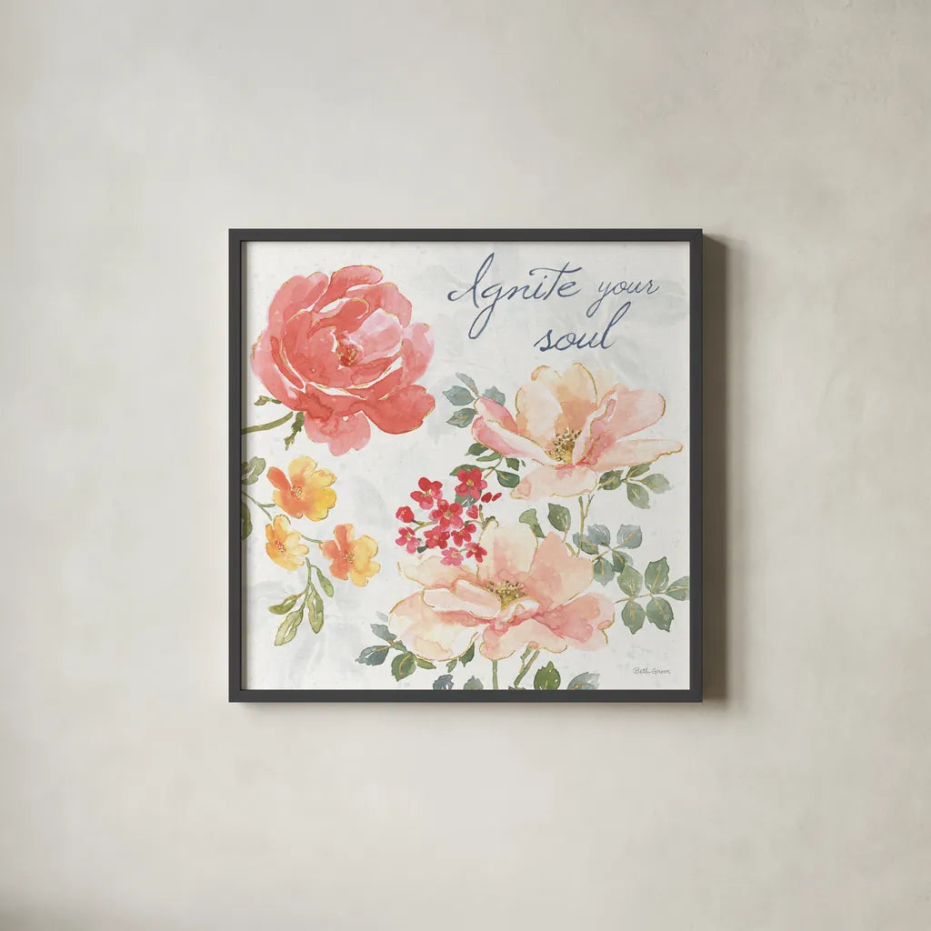 Floral Focus III by Beth Grove. Shown in a sleek black glass frame for a contemporary gallery look. Available as an archival giclee rolled canvas, fine art paper, or poster print. SKU 62324a.