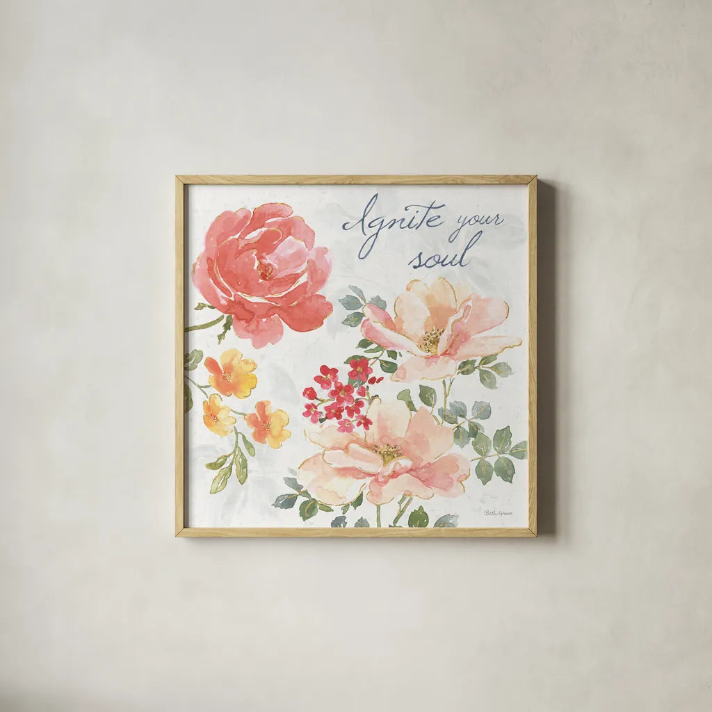 Floral Focus III by Beth Grove. Shown in a natural wood glass frame for a timeless modern aesthetic. Available as an archival giclee rolled canvas, fine art paper, or poster print. SKU 62324a.