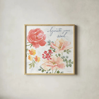 Floral Focus III by Beth Grove. Shown in a natural wood glass frame for a timeless modern aesthetic. Available as an archival giclee rolled canvas, fine art paper, or poster print. SKU 62324a.