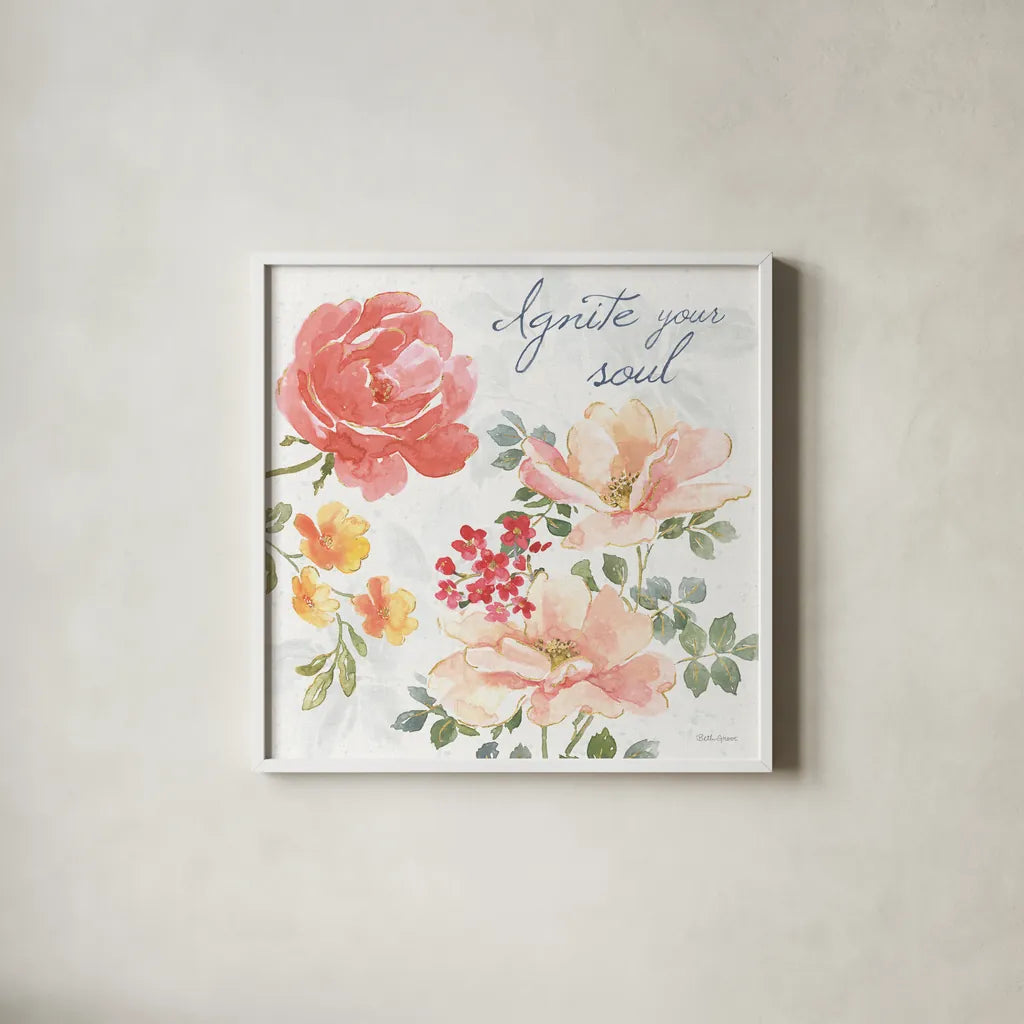 Floral Focus III by Beth Grove. Shown in a crisp white glass frame for a clean and minimalist style. Available as an archival giclee rolled canvas, fine art paper, or poster print. SKU 62324a.