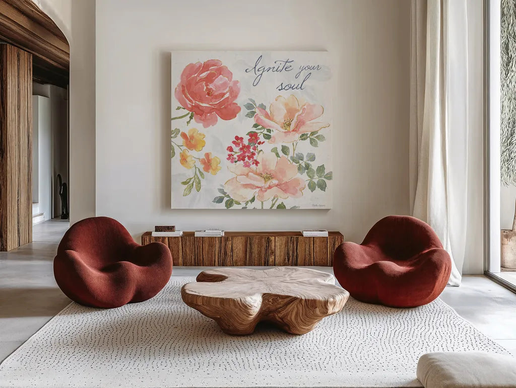 Floral Focus III by Beth Grove. Shown as extra-large giant wall art in a modern living room. Available as an archival giclee rolled canvas, fine art paper, or poster print. SKU 62324a.