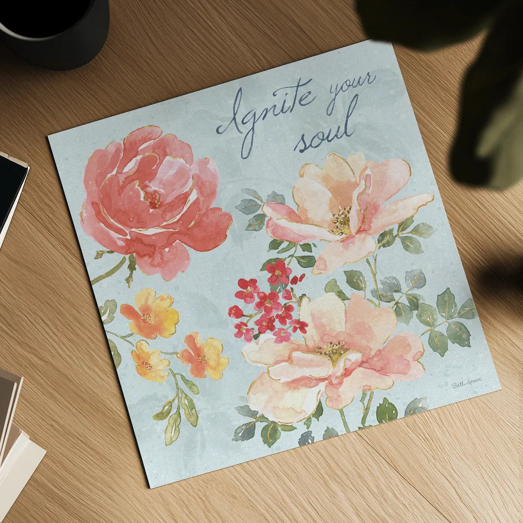 Floral Focus III Blue by Beth Grove. Shown as a detailed flat fine art print, highlighting archival giclee quality. Available as an archival giclee rolled canvas, fine art paper, or poster print. SKU 62333a.