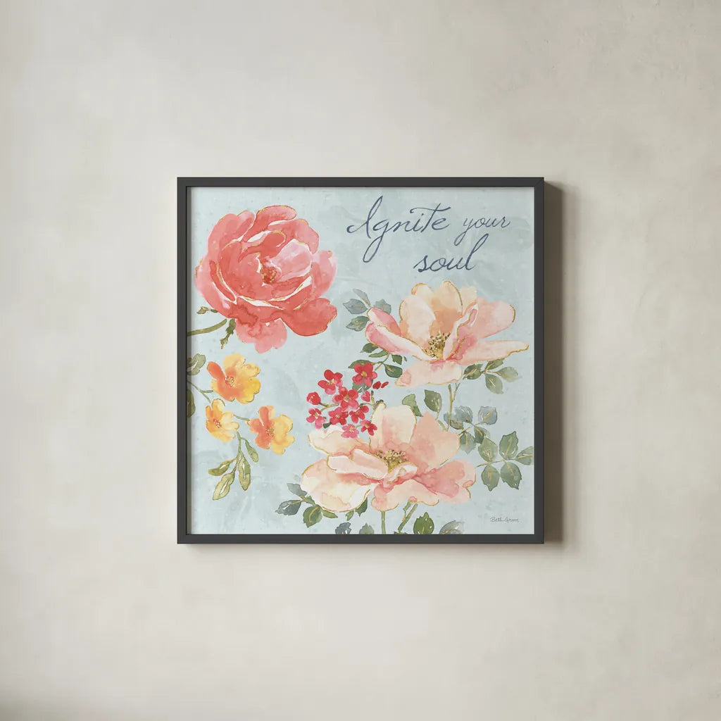 Floral Focus III Blue by Beth Grove. Shown in a sleek black glass frame for a contemporary gallery look. Available as an archival giclee rolled canvas, fine art paper, or poster print. SKU 62333a.